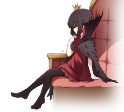 Rule 34 | 1girl, absurdres, artist name, black cape, black hair, black souls, black thighhighs, cape, chinese commentary, closed mouth, crown, dress, eyes visible through hair, flower, from side, fur cape, hand up, highres, lorina (black souls), mini crown, pupa jiang, red dress, red eyes, red flower, red rose, rose, short dress, short hair, sideways mouth, sitting, solo, thighhighs, throne, zettai ryouiki