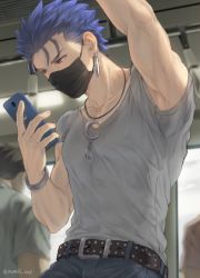 Rule 34 | 2boys, arm up, belt, blue hair, cellphone, crescent, cu chulainn (fate), cu chulainn (fate/stay night), denim, earrings, fate/stay night, fate (series), grey shirt, highres, holding, holding phone, jeans, jewelry, male focus, mask, mondi hl, mouth mask, multiple boys, muscular, muscular male, necklace, pants, phone, red eyes, shirt, short sleeves, single earring, smartphone, solo focus, train, train interior, twitter username