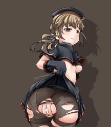 Rule 34 | 1girl, ass, bad id, bad pixiv id, bar censor, black gloves, breasts, brown background, brown eyes, brown hair, censored, clothes lift, gloves, hat, lifted by self, loin33, long hair, looking at viewer, looking back, mahan (warship girls r), no panties, pantyhose, ponytail, pussy, sailor collar, sailor hat, shirt lift, simple background, skindentation, skirt, skirt lift, solo, thighs, torn clothes, torn pantyhose, twitter username, underboob, warship girls r