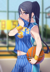 Rule 34 | 1girl, absurdres, ball, basketball, basketball (object), basketball uniform, blue hair, blurry, blurry background, breasts, clothes lift, covering own mouth, highres, jersey, lifting own clothes, long hair, looking at viewer, love live!, love live! sunshine!!, matsuura kanan, medium breasts, midriff peek, navel, outdoors, pinstripe pattern, ponytail, purple eyes, shirt lift, shorts, sleeveless, solo, sportswear, striped, tank top, uniform, wristband, yamaori (yamaorimon)