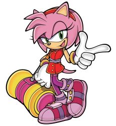 Rule 34 | 1girl, amy rose, animal nose, bracelet, eyelashes, finger gun, furry, furry female, gloves, green eyes, hammer, headband, highres, jewelry, looking at viewer, official style, parody, pink hair, rasein, sarashi, shoes, simple background, sleeveless, sneakers, sonic (series), sonic boom (series), sonic the hedgehog, thighhighs, white gloves