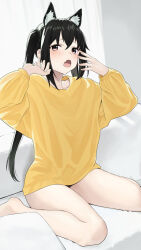 Rule 34 | 1girl, absurdres, animal ears, black hair, cat ears, commentary request, fake animal ears, fang, highres, k-on!, long hair, long sleeves, murugai, nakano azusa, open mouth, purple eyes, shirt, sitting, skin fang, solo, thighs, tongue, twintails, yawning, yellow shirt