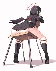 Rule 34 | 1girl, ass, ass focus, black gloves, black hair, black shirt, black skirt, black socks, black wings, blue archive, cleft of venus, closed eyes, crop top, feathered wings, fingerless gloves, food, food in mouth, from below, gloves, halo, highres, kneepits, mashiro (blue archive), mei (user 6289649), no panties, no shoes, on chair, pleated skirt, popsicle, popsicle in mouth, pussy, pussy juice, shirt, short hair, simple background, sitting, sitting backwards, skindentation, skirt, socks, solo, sweat, thighs, white background, winged halo, wings