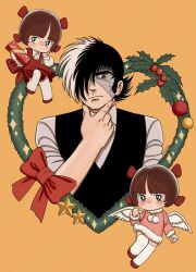 Rule 34 | 1boy, 2girls, angel wings, black hair, black jack (character), black jack (series), black vest, bow, brown eyes, brown hair, christmas ornaments, closed mouth, coat, dress, eyelashes, fur-trimmed coat, fur trim, hair over one eye, hand on own chin, hand on own face, highres, holly, long sleeves, multicolored hair, multiple girls, oldkin, pink coat, pinoko, pointing, pointing at self, pom pom (clothes), red bow, red dress, red footwear, shirt, short hair, signature, split-color hair, star ornament, stitched face, stitches, sweat, thighhighs, vest, waist bow, white hair, white shirt, white thighhighs, white wings, wings