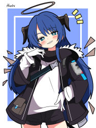 Rule 34 | 1girl, absurdres, arknights, black jacket, black shorts, blue background, blue eyes, blue hair, blush, border, bright pupils, commentary request, cowboy shot, demon horns, demon tail, fur-trimmed hood, fur trim, gloves, grin, halo, hand on own hip, hendra, highres, hood, hooded jacket, horns, inset border, jacket, long hair, looking at viewer, mostima (arknights), shirt, shorts, signature, simple background, smile, solo, tail, white gloves, white pupils, white shirt, wings