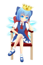 Rule 34 | absurdres, artist request, bare legs, blue footwear, blue hair, bow, circled 9, cirno, crown, dress, eyebrows, hair bow, highres, crossed legs, looking at viewer, mary janes, multicolored clothes, multicolored dress, shoes, short sleeves, sitting, skirt, smile, solo, touhou, white legwear