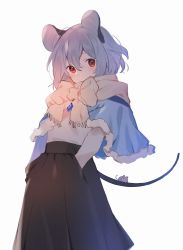 Rule 34 | 1girl, akagashi hagane, animal, animal ears, black skirt, fringe trim, grey hair, hair between eyes, long sleeves, mouse (animal), mouse ears, mouse tail, nazrin, pleated skirt, red eyes, scarf, shirt, short hair, simple background, skirt, solo, tail, touhou, white background, white scarf, white shirt