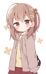 Rule 34 | 1girl, animal bag, ayanepuna, bag, bell, blush, borrowed character, brown eyes, brown hair, brown jacket, brown skirt, closed mouth, commentary request, drawstring, hair behind ear, hair between eyes, hair bobbles, hair ornament, hairclip, highres, hood, hood down, hooded jacket, jacket, jingle bell, long hair, looking at viewer, one side up, open clothes, open jacket, original, pleated skirt, shione (tsumiki sata), shirt, shoulder bag, simple background, skirt, solo, sweat, v-shaped eyebrows, white background, yellow shirt