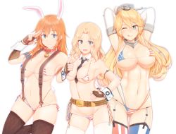 Rule 34 | 10s, 3girls, ;q, alternate costume, american flag bikini, american flag print, animal ears, arm strap, armband, arms behind head, arms up, asymmetrical legwear, bell, belt, belt pouch, between breasts, bikini, black legwear, black necktie, blonde hair, blue eyes, blush, breasts, brown gloves, cameltoe, charlotte e. yeager, cleavage, closed mouth, collar, covered erect nipples, cowboy shot, cross-laced clothes, cross-laced legwear, crossover, detached collar, eyebrows, eyelashes, female focus, fingerless gloves, fishnets, flag print, garter straps, girls und panzer, gloves, gluteal fold, groin, hair between eyes, hand on own hip, headgear, iowa (kancolle), kantai collection, kay (girls und panzer), large breasts, lock, long hair, looking at viewer, lowleg, lowleg bikini, micro bikini, mismatched legwear, multi-strapped bikini bottom, multiple crossover, multiple girls, navel, neck bell, necktie, necktie between breasts, one eye closed, orange eyes, orange hair, osterei, padlock, parted bangs, pointing, pointing at viewer, pouch, print bikini, rabbit ears, rabbit girl, salute, shiny skin, side-tie bikini bottom, skindentation, smile, star-shaped pupils, star (symbol), star print, stomach, strap gap, strike witches, string bikini, striped clothes, striped thighhighs, suspenders, swimsuit, symbol-shaped pupils, text focus, thigh gap, thighhighs, toned, tongue, tongue out, trait connection, underboob, vertical-striped clothes, vertical-striped thighhighs, weapon, white gloves, white legwear, wink, world witches series, wrist cuffs