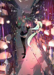 Rule 34 | 1girl, absurdres, bingwei huang, black footwear, black skirt, black sleeves, blue eyes, blue hair, boots, breasts, commentary request, detached sleeves, ema, floating hair, glowing, glowing eyes, grey shirt, hatsune miku, head tilt, headset, highres, kyoto, long hair, looking at viewer, open hands, open mouth, shadow, shirt, skirt, sleeveless, sleeveless shirt, small breasts, smile, solo, thigh boots, thighhighs, twintails, very long hair, vocaloid, waving