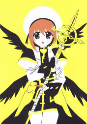 Rule 34 | 1girl, aru (photozou), brown hair, fingerless gloves, flat color, gloves, hair ornament, hat, heterochromia, kirigami, long sleeves, looking at viewer, lyrical nanoha, magical girl, open mouth, paper cutout (medium), papercraft, short hair, smile, solo, solo focus, thighs, traditional media, waist cape, white hat, wings, x hair ornament, yagami hayate