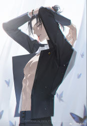 Rule 34 | 1boy, arms up, artist name, bead bracelet, beads, black eyes, black hair, black jacket, black pants, bracelet, bug, butterfly, chinese text, collar, english text, flying, from side, getou suguru, hair tie in mouth, highres, insect, jacket, jewelry, jujutsu kaisen, light particles, long hair, male focus, mouth hold, no shirt, open clothes, open jacket, pants, sally chang, solo, toned, toned male, tying hair, weibo watermark, white collar, wing collar