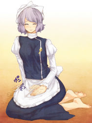 Rule 34 | 1girl, apron, bad id, bad twitter id, barefoot, blush, closed eyes, full body, hat, juliet sleeves, letty whiterock, long sleeves, puffy sleeves, purple hair, ribbon, shirt, short hair, simple background, sitting, skirt, skirt set, smile, solo, text focus, touhou, turtleneck, urin, vest, waist apron