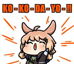 Rule 34 | 1girl, ahoge, animal ears, arknights, black jacket, blush, closed eyes, commentary request, green shirt, hair ornament, hairclip, jacket, kagami kino, kroos (arknights), open clothes, open mouth, rabbit ears, shirt, simple background, smile, solo, upper body, white background