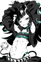 Rule 34 | 1girl, nanashi inc., armpits, arms up, belt, belt bra, black gloves, black hair, black jacket, black skirt, blue belt, blue hair, blush, chest belt, clothing cutout, commentary request, cropped jacket, cross-laced clothes, cross-laced sleeves, demon girl, demon horns, demon tail, fang, flat chest, gloves, highres, horns, jacket, limited palette, long hair, long sleeves, looking at viewer, midriff, multicolored hair, nantyu-a, navel, open clothes, open jacket, open mouth, partially fingerless gloves, red eyes, shishio chris, shoulder cutout, simple background, skirt, smile, solo, sugar lyric, tail, two-tone hair, upper body, virtual youtuber, white background