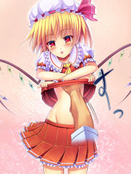 Rule 34 | 1girl, blonde hair, blush, flandre scarlet, groin, hand under clothes, hand under shirt, hat, hat ribbon, highres, koromia, midriff, mob cap, navel, open mouth, pov, pov hands, revision, ribbon, shirt, short hair, side ponytail, skirt, smile, solo focus, touhou, wings