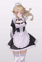 Rule 34 | 1girl, apron, blonde hair, blush, breasts, cleavage, clothing cutout, corset, dress, frilled skirt, frills, genshin impact, hair between eyes, highres, jean (genshin impact), large breasts, long hair, looking at viewer, maid, maid apron, maid headdress, ponytail, puffy sleeves, sidelocks, skirt, smile, solo, sooon, thighhighs, thighs