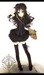 Rule 34 | 1girl, bag, beret, black gloves, black hair, boots, gloves, hand on own head, hat, unworn hat, unworn headwear, hijiri (resetter), letterboxed, long hair, looking up, open mouth, orange eyes, pixiv fantasia, pixiv fantasia 5, shoulder bag, simple background, skirt, solo, strap, striped, thigh boots, thighhighs, wavy hair, yellow eyes, zettai ryouiki