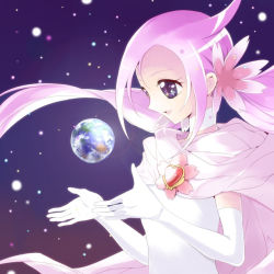 Rule 34 | 10s, 1girl, cape, choker, earth (planet), elbow gloves, eyelashes, flower, gloves, heartcatch precure!, maro nie, mugen silhouette, pink hair, precure, solo, white choker