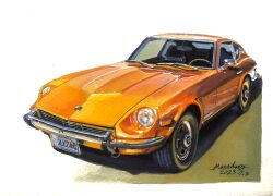 Rule 34 | absurdres, acrylic paint (medium), artist name, atelier 634, car, dated, datsun, datsun 240z, highres, license plate, motor vehicle, nissan, nissan fairlady z, no humans, orange car, original, painting (medium), shadow, signature, simple background, traditional media, vehicle focus, white background