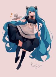 Rule 34 | 1girl, :o, apron, black bow, black ribbon, blue dress, blue eyes, blue hair, blue socks, bow, choker, commentary, cup, dated, dress, foot up, frilled choker, frills, full body, hair bow, hatsune miku, holding, holding plate, kofi-mo, long hair, medium dress, neck ribbon, no shoes, pink background, plate, ribbon, signature, socks, solo, standing, standing on one leg, teacup, twintails, very long hair, vocaloid, waist apron, waitress, white apron