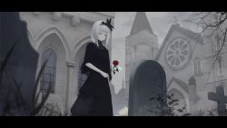 Rule 34 | 1girl, animal, aya (lezon), bad id, bad pixiv id, bare tree, bird, black dress, blue eyes, church, crack, cracked wall, cross, dress, flower, grass, grey sky, highres, holding, holding flower, letterboxed, medium hair, original, outdoors, plant, red flower, red rose, rose, sad, sky, solo, tombstone, tree, turtleneck, veil, white flower, white hair, white rose, window