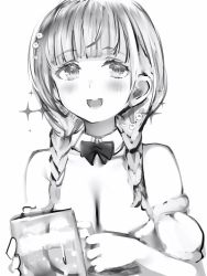 Rule 34 | 1girl, :d, bad id, bad pixiv id, beer mug, blush, bow, bowtie, braid, breasts, cleavage, cup, greyscale, highres, holding, holding cup, hololive, large breasts, looking at viewer, monochrome, mug, nanashi (nlo), open mouth, shirogane noel, shirogane noel (dirndl), simple background, smile, solo, sparkle, twin braids, upper body, virtual youtuber, white background