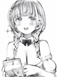 1girl :d bad_id bad_pixiv_id beer_mug blush bow bowtie braid breasts cleavage cup greyscale highres holding holding_cup hololive large_breasts looking_at_viewer monochrome mug nanashi_(nlo) open_mouth shirogane_noel shirogane_noel_(dirndl) simple_background smile solo sparkle twin_braids upper_body virtual_youtuber white_background