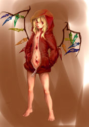 Rule 34 | 1girl, barefoot, blonde hair, blood, bottomless, female focus, flandre scarlet, hands in pockets, hood, hoodie, naked hoodie, no pants, red eyes, shiro (hakukosui), solo, standing, tongue, tongue out, touhou, wings