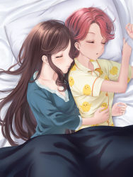 Rule 34 | 2girls, absurdres, animal print, bed sheet, bird print, blanket, blue pajamas, breasts, brown hair, cleavage, closed eyes, closed mouth, collarbone, commentary request, commission, fingernails, hair down, hair spread out, hand on another&#039;s stomach, hands up, highres, isurugi futaba, light blush, light smile, long hair, long sleeves, medium breasts, multiple girls, pajamas, parted bangs, parted lips, pillow, pink hair, pixiv commission, print pajamas, profile, short hair, short sleeves, shoujo kageki revue starlight, shroomia, side-by-side, sidelocks, sleeping, tendou maya, under covers, upper body, yellow pajamas, yuri