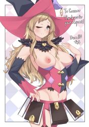 Rule 34 | 1girl, alternate costume, belt, blonde hair, book, breasts, commission, cosplay, detached sleeves, dura, fire emblem, fire emblem fates, garter straps, hat, large breasts, long hair, magilou (tales), magilou (tales) (cosplay), nintendo, nipples, ophelia (fire emblem), skeb commission, solo, tales of (series), tales of berseria, thighhighs, upper body, witch hat
