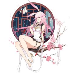Rule 34 | 1girl, animal ears, bare legs, bare shoulders, breasts, china dress, chinese clothes, dress, flower, full body, hair ornament, holding, honkai (series), long hair, looking at viewer, medium breasts, official art, rabbit ears, sitting, solo, yae sakura
