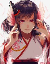 Rule 34 | 1girl, bare shoulders, black hair, breasts, closed mouth, collarbone, detached sleeves, floral print, hair between eyes, hair ornament, hair over shoulder, japanese clothes, kantai collection, kimono, kuchinashi (rapido), long sleeves, looking at viewer, medium hair, nontraditional miko, obi, red eyes, sash, smile, solo, twitter username, upper body, white kimono, wide sleeves, yamashiro (kancolle)