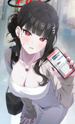 Rule 34 | 1girl, absurdres, alternate costume, bag, black hair, blue archive, blush, breasts, bright pupils, cellphone, cleavage, collarbone, dongtan dress, dress, fingernails, hair ornament, hairpin, halo, hand on own thigh, highres, holding, holding phone, jewelry, large breasts, long hair, looking at viewer, meme attire, mole, mole on breast, momomoi momoi, nail polish, necklace, open mouth, pendant, phone, red eyes, red nails, rio (blue archive), sleeves past wrists, smartphone, solo, sweat, text messaging, white dress, white pupils