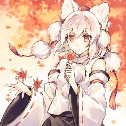 Rule 34 | 1girl, animal ears, bad id, bad pixiv id, closed mouth, detached sleeves, hat, inubashiri momiji, leaf, looking at viewer, raka (cafe latte l), red eyes, red hat, short hair, smile, solo, tokin hat, touhou, white hair, wide sleeves, wolf ears