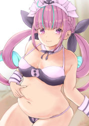 Rule 34 | 1girl, absurdres, alternate costume, anchor symbol, aqua hair, belly, belly grab, bikini, blunt bangs, braid, breasts, cleavage, cuffs, detached collar, drill hair, fat, french braid, frilled neckwear, frills, hair ornament, highres, hololive, long hair, looking at viewer, maid headdress, medium breasts, minato aqua, minato aqua (1st costume), multicolored hair, navel, neckwear request, nini (nnym), pink bikini, plump, purple bikini, purple eyes, purple hair, purple ribbon, ribbon, sidelocks, signature, sitting, smile, solo, streaked hair, swimsuit, thighs, twintails, underwear, underwear only, virtual youtuber, wrist cuffs