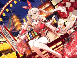 Rule 34 | 1girl, black eyes, breasts, city, cleavage, detached sleeves, gekkou (senran kagura), grey hair, hair ornament, high heels, lantern, large breasts, leotard, new year, night, night sky, official art, open mouth, playboy bunny, pumps, rabbit ears, rabbit tail, red footwear, senran kagura, senran kagura new link, shoes, sky, smile, star (sky), starry sky, stiletto heels, thighhighs, twintails, umbrella