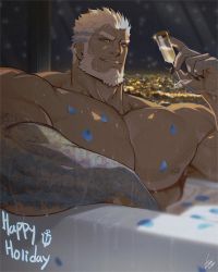 Rule 34 | 1boy, aegir (housamo), anchor earrings, aqua hair, bara, bathing, bathtub, beard, blue eyes, blue petals, cup, dark-skinned male, dark skin, drinking glass, earrings, facial hair, fingernails, fish boy, giant, giant male, gomtang, happy holidays, holding, holding cup, jewelry, large pectorals, looking at viewer, male focus, mature male, multicolored hair, muscular, muscular male, nipples, pectorals, petals, sharp fingernails, short hair, sideburns, single earring, smile, solo, teeth, tokyo houkago summoners, two-tone hair, wet, white hair