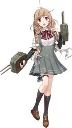 Rule 34 | 1girl, arm warmers, black socks, blouse, blush, bow, bowtie, braid, brown eyes, brown footwear, fujikawa, full body, gradient hair, kantai collection, kneehighs, light brown hair, long hair, machinery, minegumo (kancolle), multicolored hair, official art, open mouth, school uniform, shirt, shoes, short sleeves, skirt, smile, socks, solo, suspender skirt, suspenders, thigh strap, transparent background, turret, twin braids, twintails, white background, white shirt