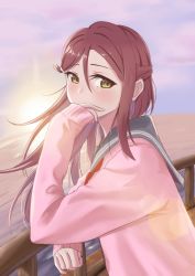 Rule 34 | 1girl, artist name, artist request, blue sky, blush, breasts, bridge, brown eyes, close-up, cloud, female focus, floating hair, grey sailor collar, hair between eyes, hair ornament, hairclip, half updo, highres, long hair, long sleeves, looking at viewer, love live!, love live! sunshine!!, necktie, ocean, outdoors, parted lips, pink sweater, red hair, red necktie, sailor collar, sakurauchi riko, school uniform, sky, small breasts, smile, solo, sunrise, sweater, sweater vest, upper body, yellow eyes