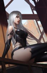 Rule 34 | 1girl, android, armlet, black shorts, blue eyes, boots, building, commentary, construction site, elbow gloves, from below, gloves, head tilt, joints, nier (series), nier:automata, painting (action), qichao wang, red lips, robot joints, short shorts, shorts, silver hair, sitting, skin tight, steel beam, tank top, thigh boots, thighhighs, thighs, under construction, a2 (nier:automata)