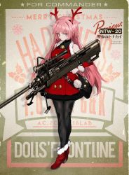Rule 34 | 1girl, anti-materiel rifle, antlers, bag, bell, black pantyhose, blush, breasts, christmas, coat, commentary request, denel land systems, full body, girls&#039; frontline, gun, holding, horns, long hair, looking at viewer, ntw-20, ntw-20 (girls&#039; frontline), ntw-20 (xmas reindeer) (girls&#039; frontline), official alternate costume, official art, pantyhose, pink eyes, pink hair, ran (bukeranwu), red coat, red footwear, reindeer antlers, rifle, shoulder bag, sniper rifle, solo, very long hair, weapon