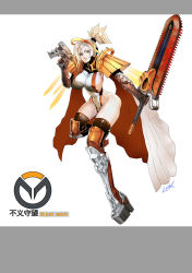 Rule 34 | 1girl, adapted costume, alternate eye color, alternate hair color, armor, armored boots, blood, bloody weapon, bodysuit, boots, breasts, brown thighhighs, cape, covered navel, crossover, emblem, full body, glowing, glowing wings, groin, gun, hair ornament, hair tie, halo, handgun, headgear, high heel boots, high heels, highleg, highleg leotard, highres, hip focus, holding, holding gun, holding sword, holding weapon, impossible clothes, knee boots, knee pads, large breasts, leg up, leotard, logo, mechanical halo, mercy (overwatch), overwatch, overwatch 1, parted lips, pauldrons, ponytail, shiny clothes, shoulder armor, signature, skin tight, solo, standing, standing on one leg, sword, thighhighs, thighs, weapon, white eyes, white hair, wings, yellow wings, zm