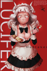 Rule 34 | 1girl, absurdres, alternate costume, apron, black bow, blush, bow, bowtie, breasts, character name, chibi, chibi inset, chocolate, cleavage, commentary, constricted pupils, cross-eyed, crying, crying with eyes open, demon girl, demon horns, detached collar, embarrassed, english commentary, english text, enmaided, food, fork, helltaker, highres, horns, justice (helltaker), large breasts, long hair, lucifer (helltaker), maid, maid apron, maid headdress, pancake, plate, red background, red eyes, samu (7643109), silver hair, solo focus, tears, wavy hair, white horns