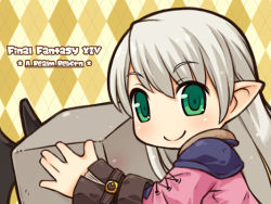 Rule 34 | 10s, 1girl, argyle, argyle background, argyle clothes, bad id, bad pixiv id, copyright name, final fantasy, final fantasy xiv, green eyes, grey hair, lalafell, long hair, looking at viewer, mizuno mumomo, pointy ears, smile, solo, square enix, warrior of light (ff14), wings