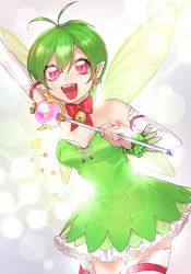 Rule 34 | 00s, 1girl, ahoge, alala, antenna hair, arm up, backlighting, bad id, bad pixiv id, bare shoulders, bow, bow earrings, bowtie, breasts, breasts apart, cleavage, cowboy shot, crossed bangs, dress, earrings, fairy, fairy wings, from side, green hair, grey background, hair between eyes, jewelry, lace, lace-trimmed legwear, lace trim, mermaid melody pichi pichi pitch, neck bell, ohisashiburi, open mouth, parted bangs, petticoat, pink eyes, pointy ears, red bow, red bowtie, short hair, simple background, slit pupils, smile, solo, standing, star (symbol), teeth, thigh strap, thighhighs, upper teeth only, white thighhighs, wings