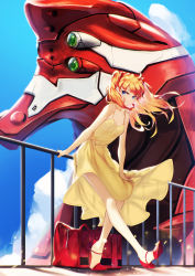 Rule 34 | 1girl, bag, bare shoulders, blue eyes, blueorca, breasts, cloud, day, dress, eva 02, high heels, highres, leaning forward, long hair, looking at viewer, mary janes, mecha, medium breasts, neon genesis evangelion, open shoes, orange hair, outdoors, railing, red footwear, robot, shoe soles, shoes, sitting, sky, smile, solo, souryuu asuka langley, spaghetti strap, standing, standing on one leg, sundress, two side up, wind