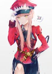 Rule 34 | 1girl, adjusting clothes, adjusting headwear, bad id, bad pixiv id, blush, breasts, dangmill, fate/grand order, fate (series), gloves, hat, long hair, looking at viewer, medb (alluring chief warden look) (fate), medb (fate), military, military uniform, peaked cap, pink hair, solo, spoken skull, uniform, whip, white gloves