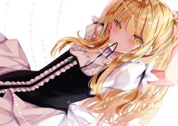 Rule 34 | 1girl, arms up, back bow, black dress, black ribbon, blonde hair, blush, bow, center frills, closed mouth, commentary request, dress, dutch angle, frills, hair between eyes, kirisame marisa, long hair, looking at viewer, mouth hold, nanase nao, ponytail, puffy short sleeves, puffy sleeves, ribbon, ribbon in mouth, shirt, short sleeves, sleeveless, sleeveless dress, solo, touhou, tying hair, very long hair, white background, white bow, white shirt, yellow eyes