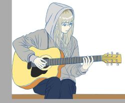 Rule 34 | 1girl, acoustic guitar, blue pants, closed mouth, commentary, girls band cry, grey eyes, grey hair, grey hoodie, guitar, holding, holding guitar, holding instrument, hood, hood up, hoodie, instrument, kawaragi momoka, long hair, long sleeves, momokan 1209, multicolored hair, pants, playing guitar, roots (hair), sidelocks, sitting, solo, white background